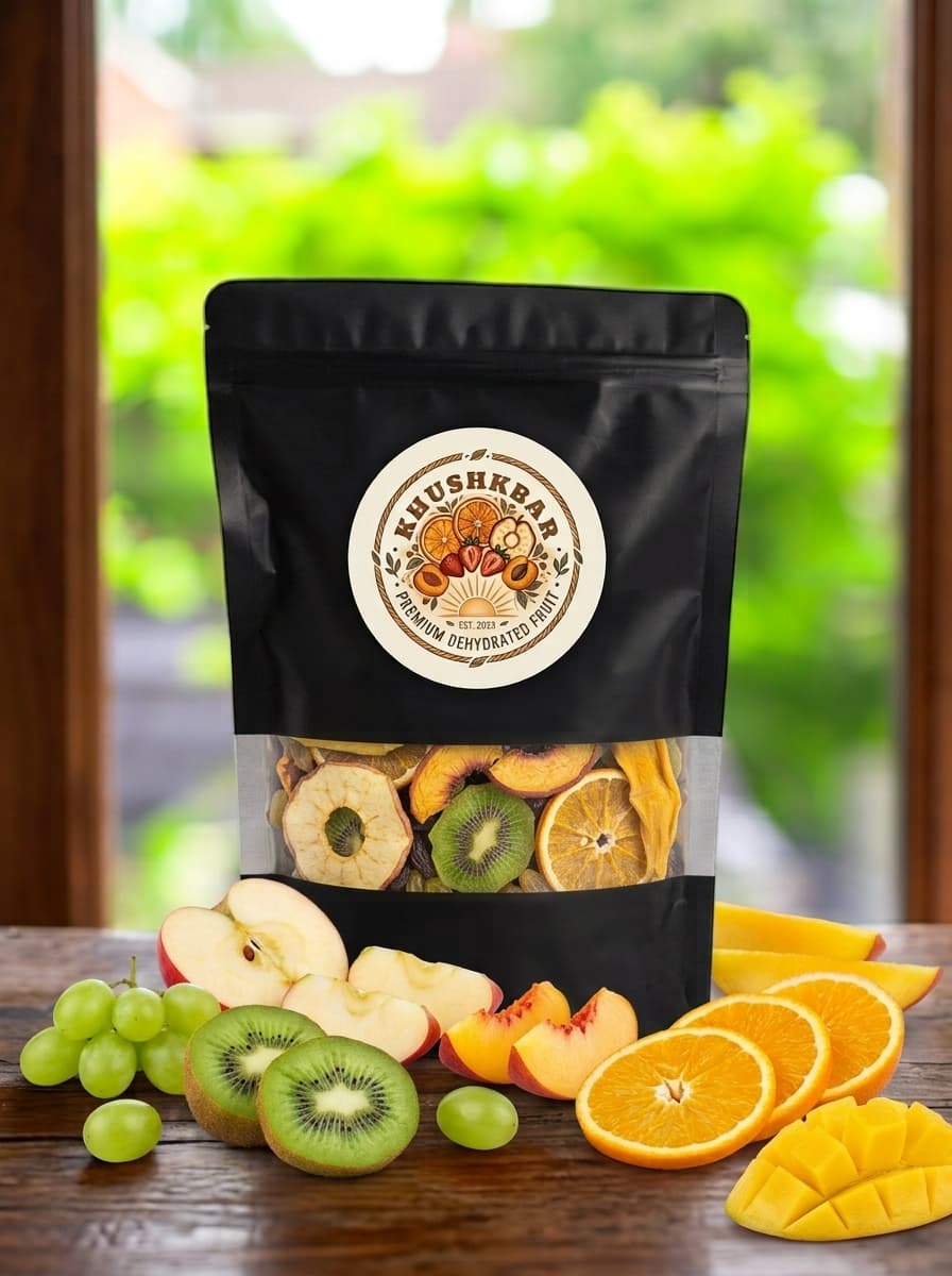 A Khushkbar matte-black pouch on a wooden table, the house seal printed on the front and dried apple, kiwi, peach, orange and mango showing through its window, with the same fruit sliced fresh around it